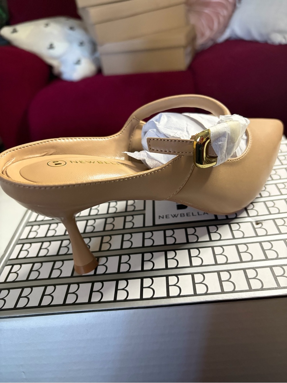 Newbella Nude Beige Slingback Heels with Gold Buckle